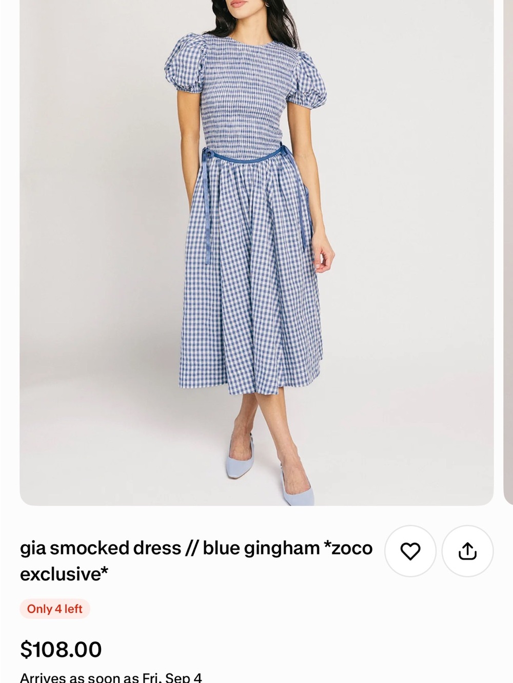 Smocked Blue Gingham Midi Dress with Puff Sleeves